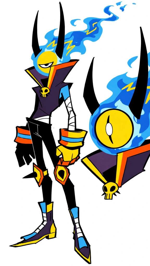 A stylized, angular character design features a tall, slender figure with a blue flame head and a secondary floating eye-like entity against a solid white background. The main figure stands in a three-quarter pose, its body composed of sharp, geometric shapes. Its head is a bright yellow orb with a single narrow, horizontal eye and two tall, curved black horns, from which a long trail of blue flames with yellow zig-zag accents extends backward. This character wears a dark purple sleeveless top with an extremely high, flared collar lined in yellow and orange. A small yellow skull emblem sits at the base of the collar. Its arms are thin, covered in white bandages, and end in oversized yellow and orange gauntlets with blue bands at the wrists. The character wears slim black trousers accented by yellow knee guards with single black spikes. Its footwear consists of long, pointed purple and yellow boots with blue tongues and white laces. To the right of the figure, a larger version of the head floats independently, consisting of a blue flame sphere with a massive yellow circular eye and a single white pupil. This floating entity also features black horns and a portion of the same purple and orange high collar. The artwork uses bold, thick black outlines and a vibrant color palette of yellow, blue, purple, and orange. The composition is clean and focused, with flat lighting and no environmental details, characteristic of concept art or a character reference sheet.
