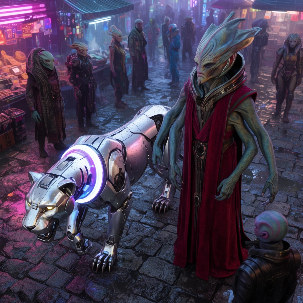 silver robotic panther with glowing collar, towering four-armed alien in crimson robes, standing in a neon-lit cyberpunk market square, rain-slicked cobblestones, diverse alien bystanders in background, wide high-angle shot, cinematic lighting