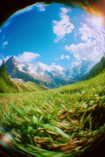 Sun-Drenched Fisheye Nostalgia style reference image — extreme fisheye lens distortion