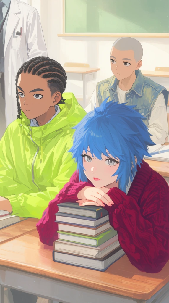 An anime-style illustration of students at wooden desks in a bright classroom. In the foreground, a young woman with spiky blue hair and silver eyes rests her chin on a stack of hardcover books, wearing a chunky crimson cardigan. Beside her, a boy with tight black braids in a neon green windbreaker glances sideways. Behind them sits a third student with a shaved head in a faded denim vest. The torso of a standing figure in a white lab coat is partially cropped on the far left edge. Soft, cinematic pastel lighting washes over the background chalkboard, creating a serene, nostalgic atmosphere.