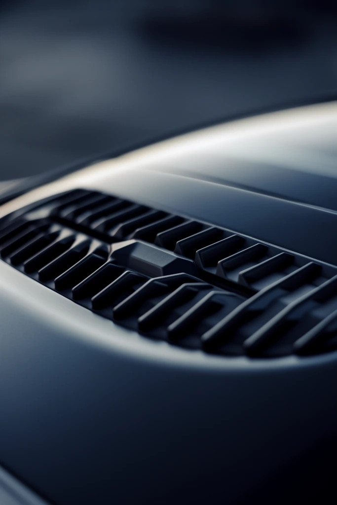 A macro photograph capturing the sleek aerodynamic curves of a dark metallic panel featuring a recessed horizontal cooling vent. The vent is constructed from a row of repeating angled rectangular slats flanking a central geometric bridge. The image employs an extremely shallow depth of field, rendering the foreground and background as a wash of smooth, blurred charcoal and deep navy blue gradients. A strong diffused light source catches the upper edge of the curved surface, creating a sharp, luminous silver highlight that contrasts intensely with the dark matte recesses of the slatted vent. The visual composition emphasizes modern industrial design through tight framing, smooth textures, and dramatic cool-toned cinematic lighting.