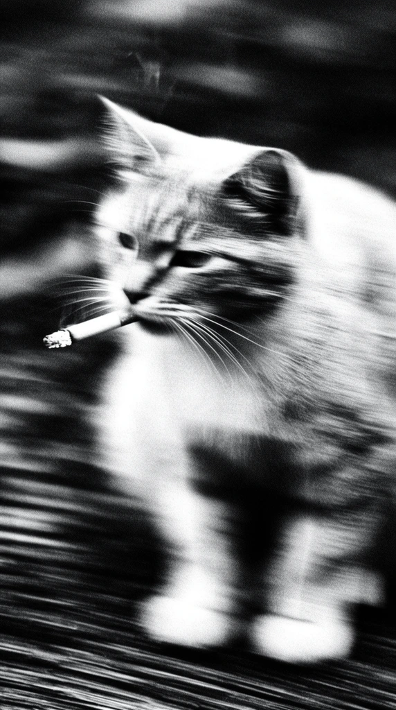 A cat smoking a cigarette captured in a high-contrast, black-and-white photograph defined by extreme, horizontal motion blur. The feline subject is positioned centrally with a lit cigarette protruding from its mouth, though its physical form is severely distorted by a deliberate slow-shutter panning effect. The entire composition stretches into frantic, elongated streaks of light and shadow, creating pronounced ghosting artifacts and sharp, sweeping lines across the frame. Intense, blown-out white highlights tear through deep, inky black shadows, emphasizing a gritty, high-ISO film grain texture. The glowing ember of the cigarette forms a distinct, bright horizontal trail against the surrounding darkness. The kinetic energy of the heavy directional blur obscures precise anatomical details, replacing them with raw, chaotic, and highly dynamic bands of stark monochrome contrast.