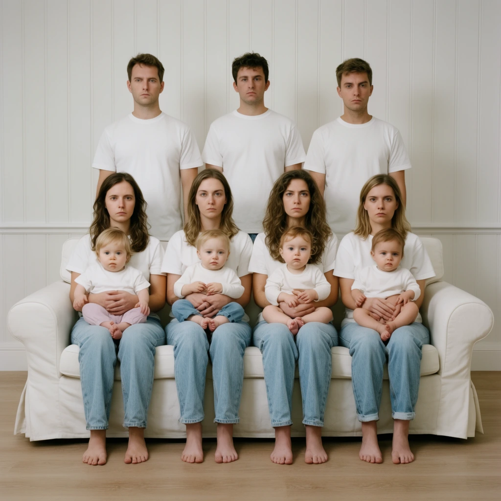 Eleven people pose rigidly for a deadpan group portrait in matching plain white tops and light blue denim jeans. Three men stand behind a white sofa where four women sit, each holding a young baby or toddler on her lap. Every individual stares directly at the camera with a completely flat, unsmiling expression. The highly symmetrical composition is set against a simple white paneled wall and a light wood floor under soft, even studio lighting, highlighting the coordinated pale color palette and the intentionally awkward aesthetic.