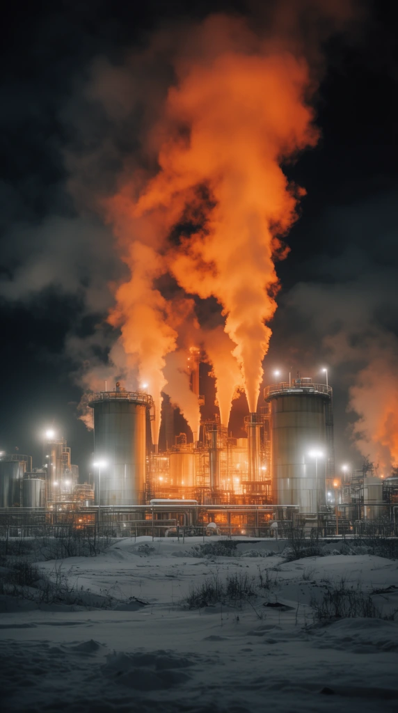 glowing industrial refinery at night, towering steam plumes illuminated in fiery orange, large cylindrical tanks, bright white floodlights, frozen snow-covered foreground, dark cloudy sky, cinematic night photography