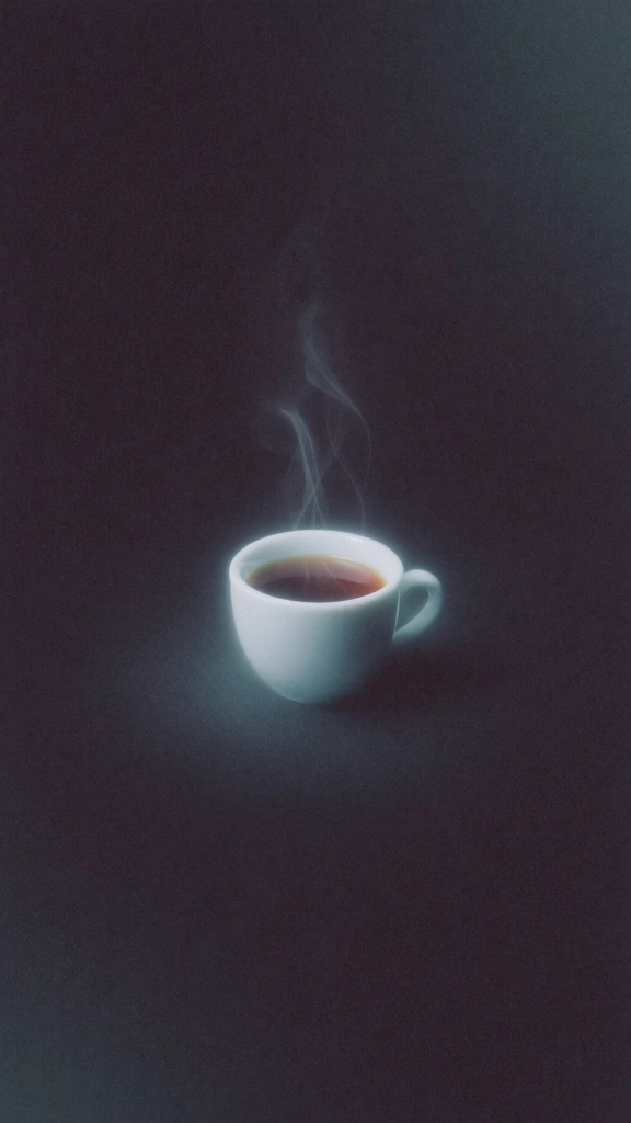 low-fi ethereal minimalist composition, a small ceramic cup filled with coffee and rising steam centered in a vast field of dark textured negative space, deep charcoal-plum grainy backdrop, subject glowing with a soft ice-blue bioluminescent light and subtle bloom, heavy film grain, diffused edges, high contrast soft-glow lighting, monochromatic blue highlights against a dark void, moody cinematic atmosphere, lo-fi digital noise, tactile texture, dithered gradient.