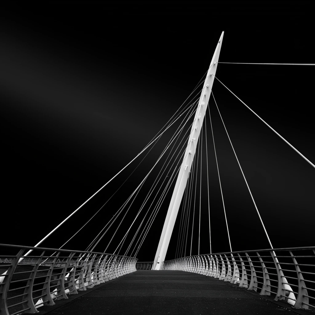 A sleek white pylon of a modern cable-stayed bridge angles sharply into a pitch-black sky in this dramatic monochrome photograph. Taut steel cables radiate from the mast down to a dark paved walkway bordered by curved metal railings, creating a high-contrast, minimalist geometric composition.