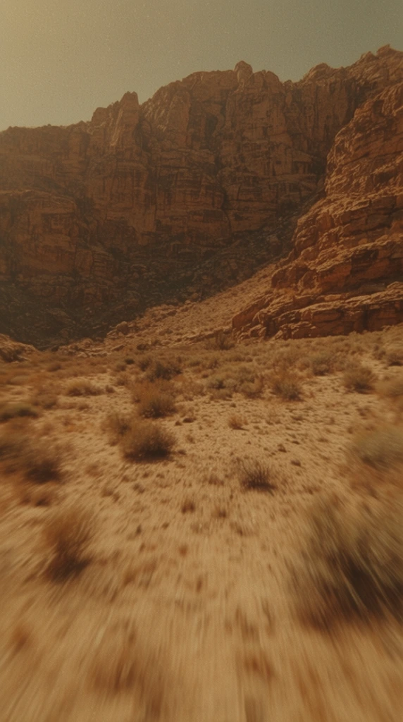 A sweeping cinematic view of a rugged desert canyon bathed in warm, sepia-toned light. The immediate foreground features dry, sandy terrain dotted with sparse scrub brush, blurred to convey swift forward motion from a low aerial perspective. A massive, steep rock formation rises dramatically in the background, its surface heavily textured with deep crevices and horizontal geological strata in earthy browns and ochres. The vast, desolate atmosphere is captured with a vintage, grainy film stock aesthetic highlighting the raw, sun-baked environment.
