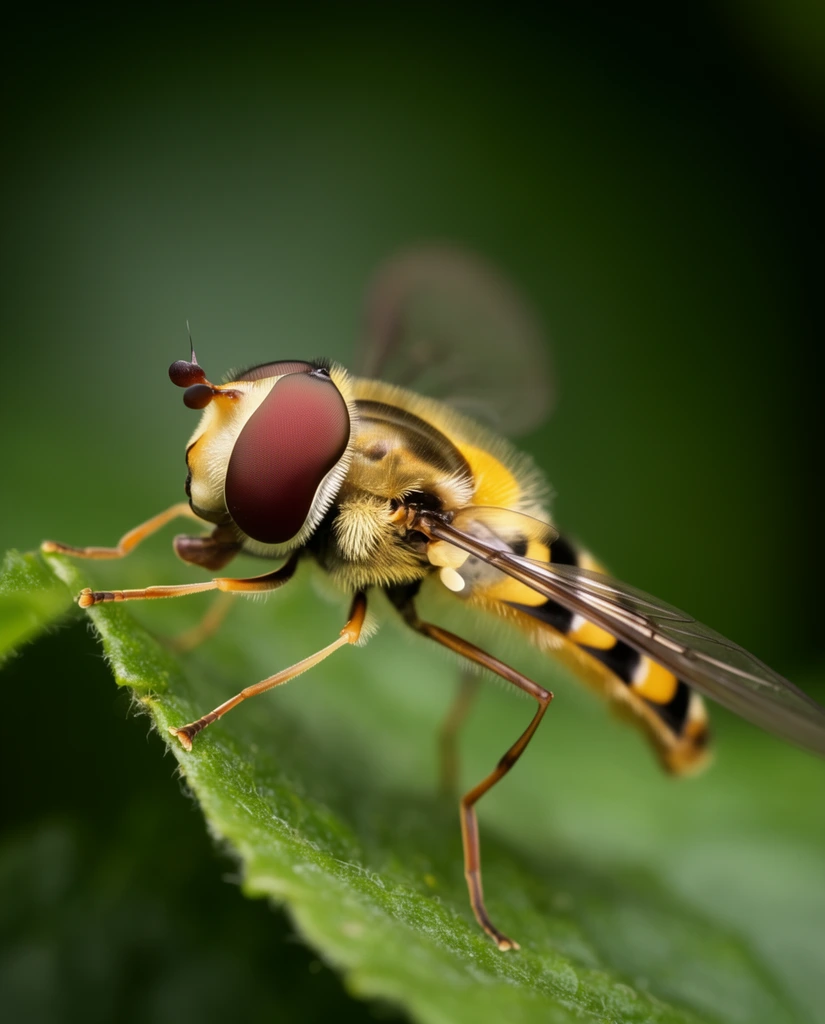 extreme macro photograph of a hoverfly perched on a textured green leaf edge, large reddish-brown compound eyes, fuzzy golden thorax, yellow and black striped abdomen, translucent wings, delicate legs gripping the foliage, razor-sharp focus, extremely shallow depth of field, smooth dark green bokeh background, soft diffused natural lighting