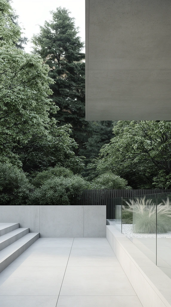 A photorealistic architectural view of a minimalist outdoor terrace blending sharp geometry with lush nature. Smooth, light gray concrete slabs form the flooring, steps, and a low retaining wall. A massive flat concrete canopy ceiling extends across the top right, framing a view of the dense forest beyond. The background is packed with detailed broadleaf trees and towering dark green conifers. On the lower right, a frameless glass balustrade borders a planter of white gravel and feathery ornamental grasses. A dark vertical slatted fence is partially hidden by midground bushes. Soft, diffused natural daylight enhances the serene, cool-toned palette of pale grays and deep forest greens.