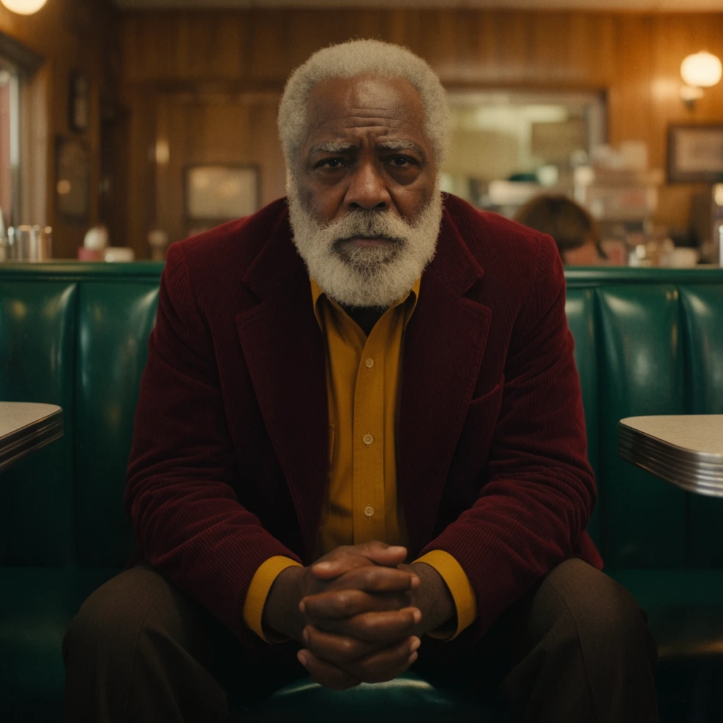 elderly Black man with a thick white beard sitting in a dimly lit retro diner, leaning forward with elbows on knees and hands clasped tightly, wearing a heavy corduroy burgundy blazer over a mustard yellow button-down shirt, dark green vinyl diner booth, warm cinematic lighting, wood-paneled background, shallow depth of field, anamorphic lens, highly detailed, 1970s cinematic aesthetic, nostalgic and tense mood, medium shot, rich color grading emphasizing deep reds and golden yellows, photorealistic film still