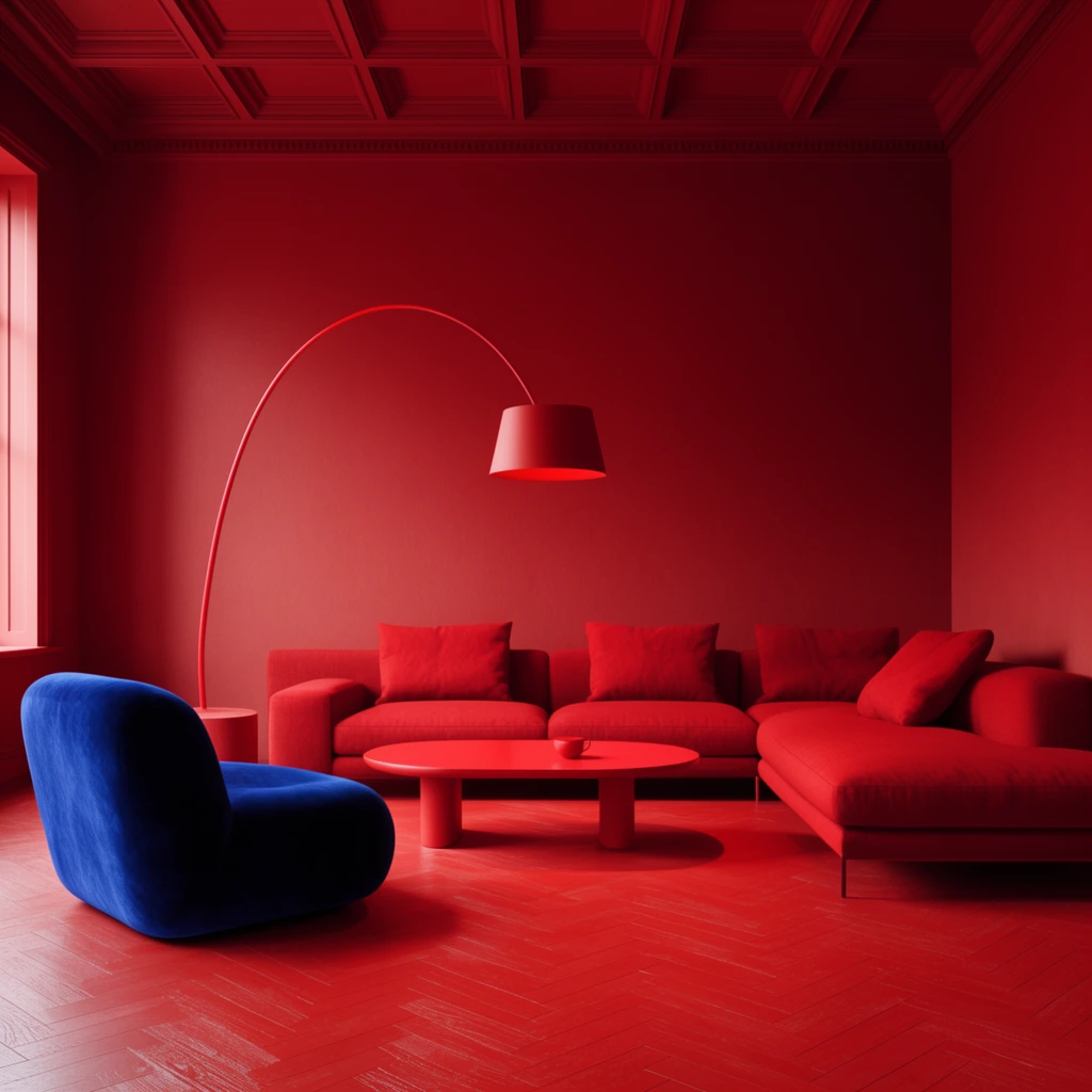 vivid monochromatic red minimalist living room, starkly contrasting single plush deep blue armchair, red L-shaped sectional sofa, sweeping red arched floor lamp, red oval coffee table, red coffered ceiling, red herringbone wood floor, dramatic architectural lighting, photorealistic interior render