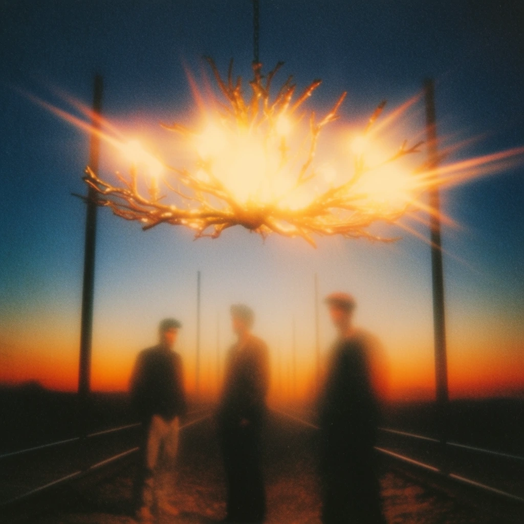 A luminous floating branch chandelier hovers above converging train tracks, vertical poles, and heavily obscured men. The suspended organic structure of the chandelier radiates an intense, blown-out amber and bright yellow inner light, characterized by extreme halation and sharp, directional light streaks bleeding violently outward into the surrounding air. Below the glowing centerpiece, the figures of the men, the parallel tracks, and the towering poles are rendered as soft, dark silhouettes, their forms diffused by an ethereal, out-of-focus haze. The scene is set against a stark twilight gradient sky, transitioning from a deep, textured indigo at the upper edge to a vibrant, fiery orange at the horizon line. The entire composition exhibits a surreal, lo-fi vintage film aesthetic, defined by heavy textural film grain, profound soft focus, glowing overexposed highlights, and a dreamy, melancholic atmosphere where brilliant warm luminescence aggressively bleeds into deep, cool shadows.