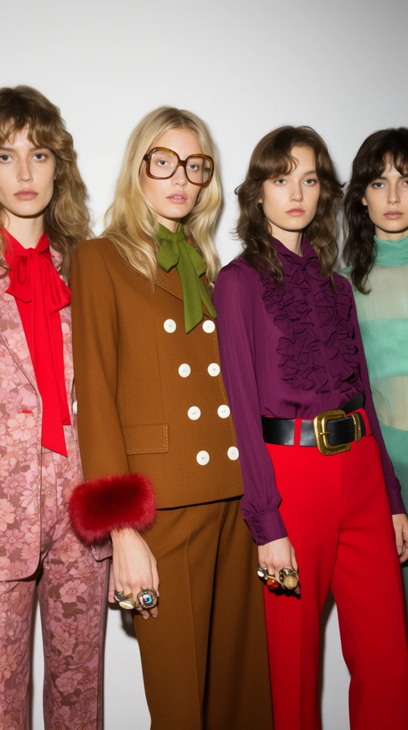 Four women stand shoulder-to-shoulder against a stark white wall in eclectic, vintage-inspired maximalist fashion. The leftmost woman wears a dusty pink floral suit over a bright red pussy-bow blouse. Beside her, a blonde woman in retro oversized eyeglasses models a tobacco-brown double-breasted jacket with white buttons, red faux-fur cuffs, and a moss-green neck-tie. The third woman pairs a plum ruffled blouse with bright red trousers and a thick black leather belt featuring a large gold metal buckle. A fourth woman on the far right wears a sheer seafoam-green high-neck top. The models all wear oversized, ornate statement rings and hold detached, neutral facial expressions. Harsh, direct flash photography casts sharp drop shadows on the background, creating a raw, backstage editorial snapshot aesthetic that highlights the rich textures and bold retro color palette.