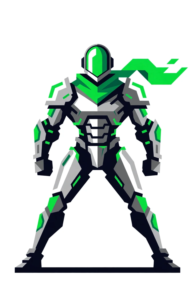 geometric vector illustration of a futuristic sci-fi knight, wide power pose, domed visor, broad silver and neon green cybernetic armor, flowing energy scarf, sharp angular linework, flat blocky shading, stark contrast, solid white background