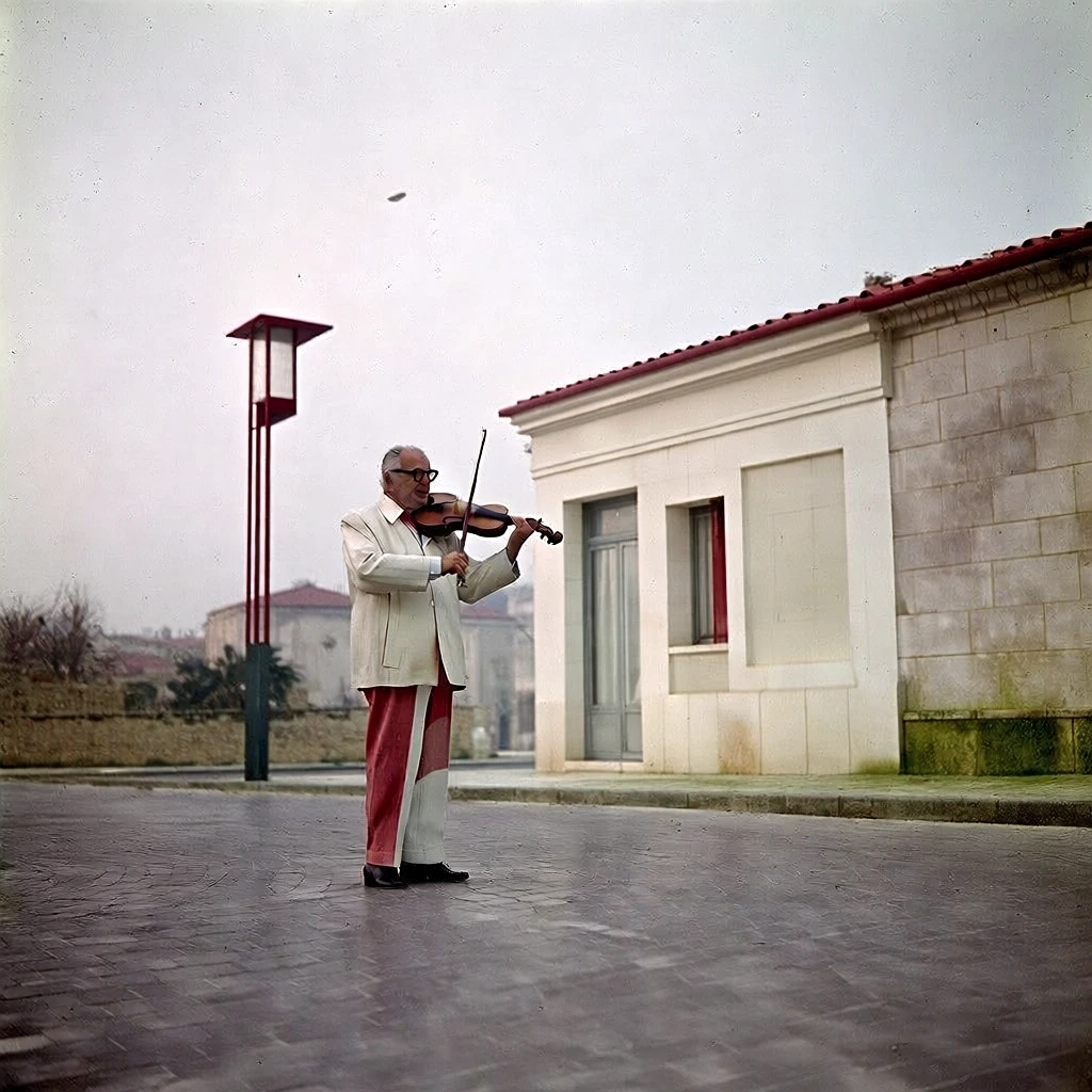 wide shot, 1960s vintage color film aesthetic, muted and desaturated color palette with soft reds and off-whites, diffused overcast natural light, an older man with glasses playing a violin with a bow stands on a textured cobblestone street, a minimalist streetlamp to his left beside a clean stone building, cinematic composition with geometric lines, nostalgic atmosphere, sharp details, film grain, pale grey sky, european architectural setting.