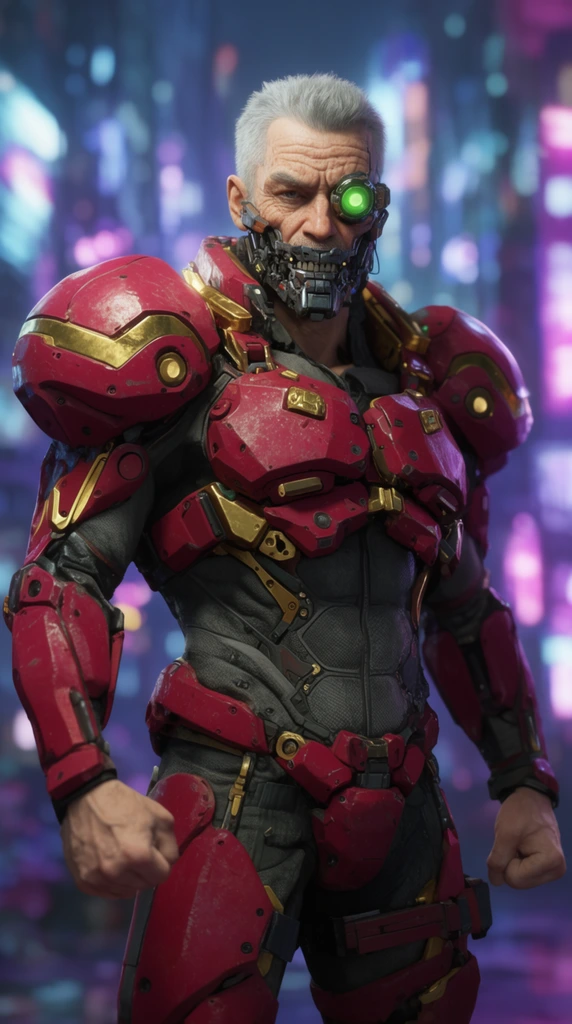 A grizzled cyberpunk mercenary stands imposing against a neon-lit urban backdrop. He wears a bulky crimson and gold exoskeleton with heavy rounded shoulder pauldrons over a dark grey textured undersuit. His features include short silver hair, a thick mechanical jaw prosthesis, and a glowing green ocular implant over his left eye. His expression is hardened with clenched fists. The background is a heavily blurred futuristic cityscape featuring vivid neon blue, purple, and magenta bokeh. Rendered in a photorealistic 3D cinematic style with dramatic rim lighting and shallow depth of field.