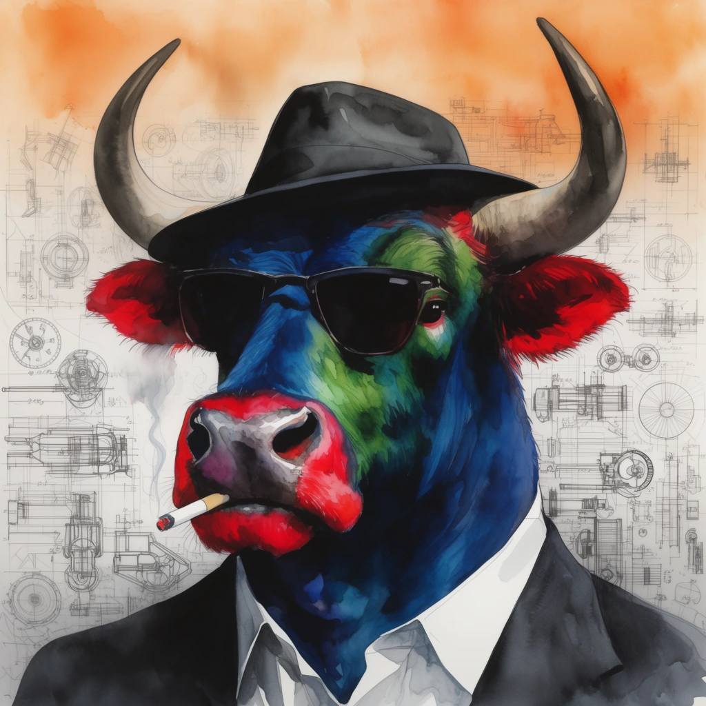 An anthropomorphic bull in a dark suit, white collared shirt, black fedora, and dark sunglasses smokes a cigarette emitting a thin wisp of smoke. The bull's face is vividly rendered in saturated watercolor washes of deep blue, green, and bright red. The background transitions from a hazy warm orange wash at the top into intricate, monochromatic black-and-white technical schematics and mechanical diagrams. The mixed-media composition creates a striking contrast between expressive, colorful portraiture and precise geometric drafting.