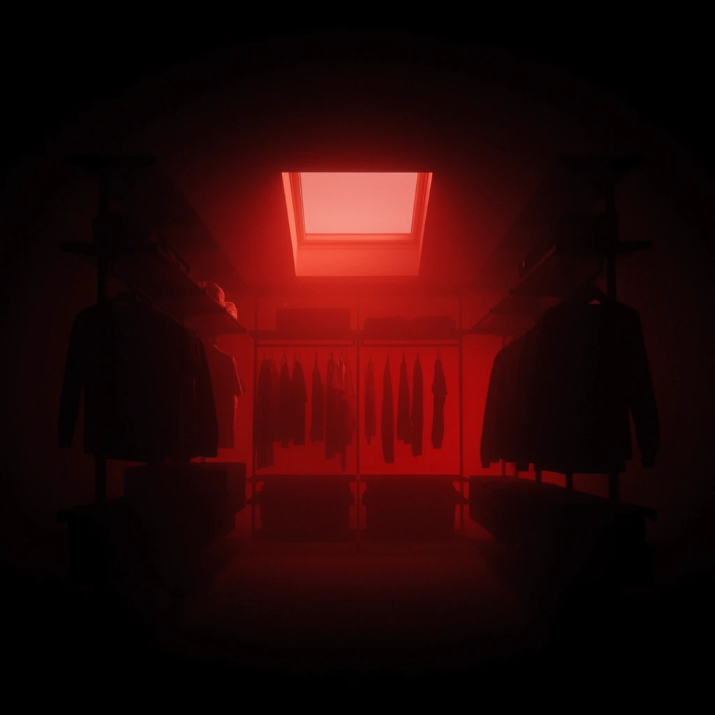A walk-in closet with hanging clothes and a skylight emerges as a stark black silhouette against an intense, glowing crimson-red atmospheric haze. A bright, saturated red light beams through the central skylight, filling the interior structure with luminous volumetric fog. Hanging garments, clothing racks, and shelves form pure dark silhouettes blocking the vivid red backlight. Pitch-black negative space entirely engulfs the outer edges and foreground, creating extreme chiaroscuro within a strict monochromatic red-and-black palette.