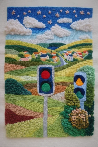 Tactile Fiber Landscapes style reference image — 3D embroidery relief