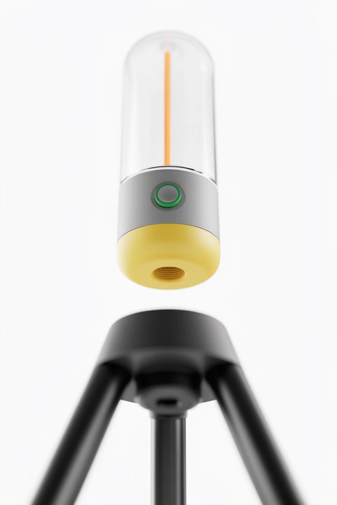 cylindrical lantern hovering above a black tripod mount, clear dome with vertical orange filament, matte grey body, green-ringed button, matte yellow base with threaded bottom hole, dark tripod with angled legs blurred by shallow depth of field, pure white background, minimalist industrial design, high key studio product rendering