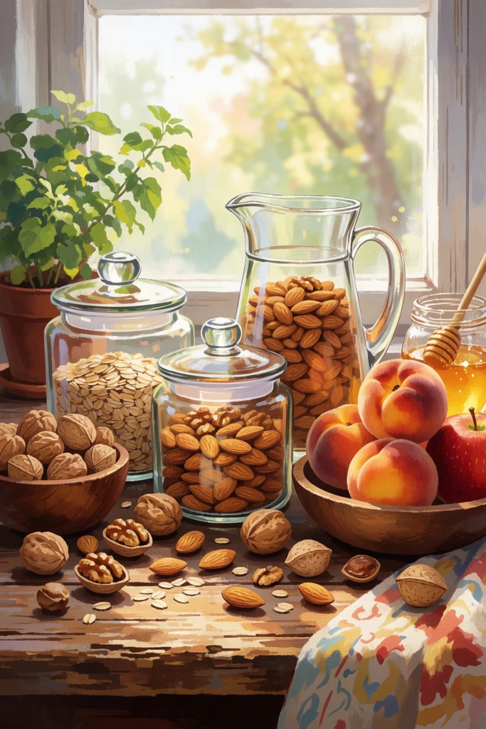 A rustic still life of assorted nuts and fresh fruit rests on a textured wooden table before a bright window. Glass canisters and a tall pitcher overflow with almonds, walnuts, and oats. Ripe peaches and a red apple cluster in wooden bowls, while loose nuts scatter across the wood grain and a patterned cloth. Golden honey catches the sunlight beside a leafy potted plant. The painterly illustration features soft shading, glowing glass reflections, rich amber tones, and a blurred background view of sunlit trees.