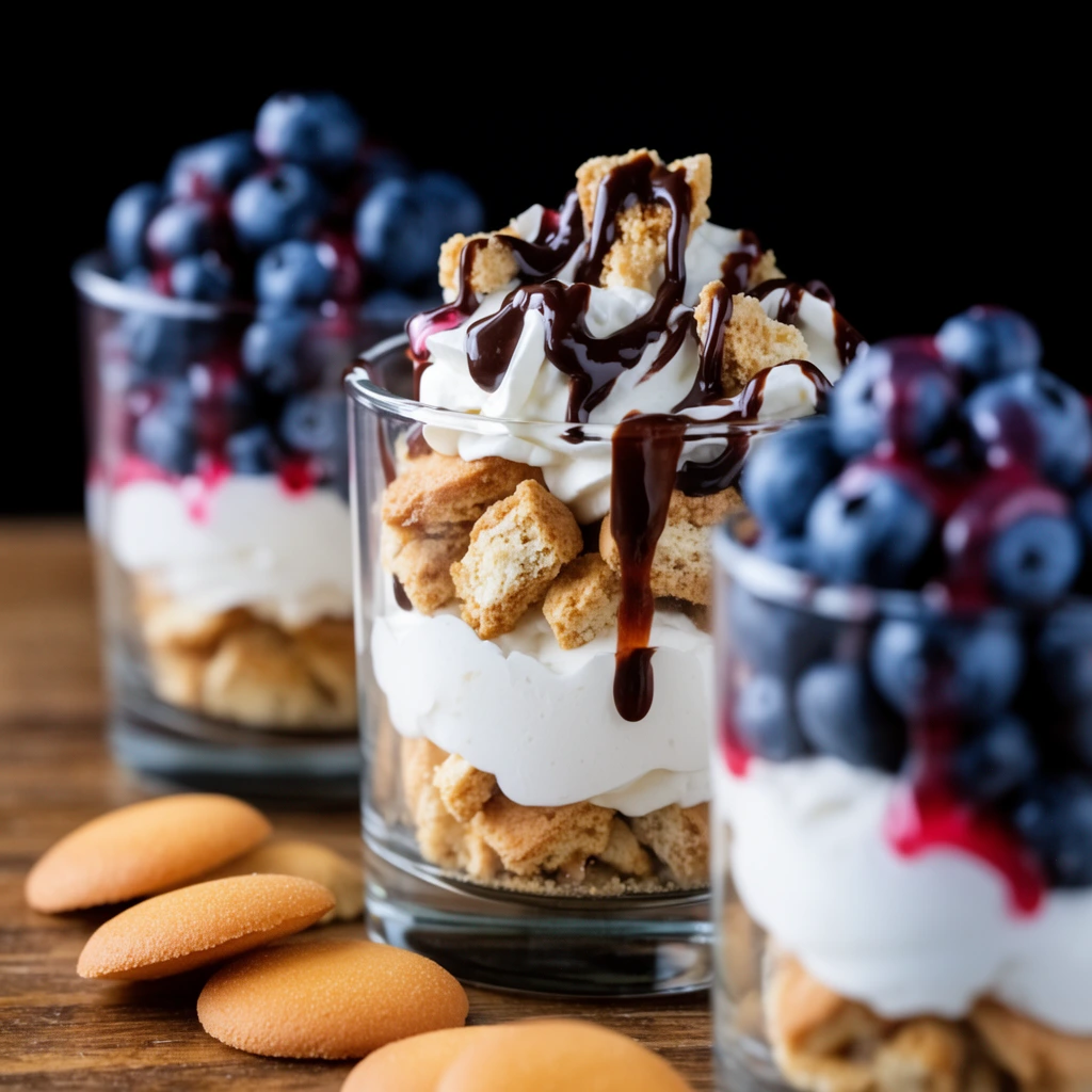 Three layered dessert parfaits line up diagonally on a wooden table against a stark black background. Shallow depth of field sharply focuses the center glass, brimming with whipped cream, rough cookie chunks, and glossy chocolate drizzle. Blurred foreground vanilla wafers and soft-focus background blueberries with red syrup frame the composition under high-contrast, appetizing lighting.