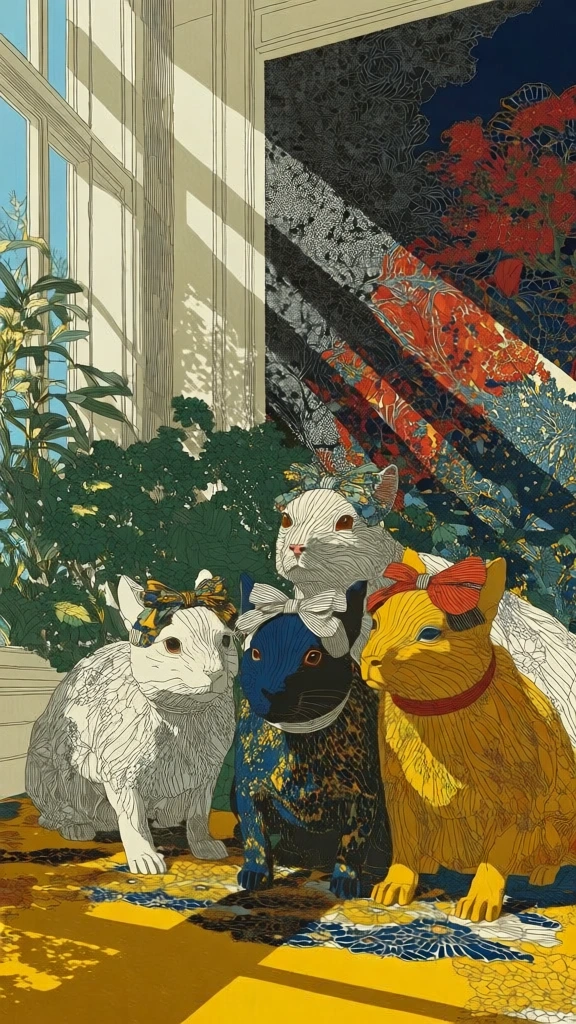 ultra-detailed flat graphic illustration style featuring four whimsical animal figurines wearing bows, vibrant palette of golden yellow and navy and crimson, intricate decorative line work, maximalist patterns, dramatic high-contrast lighting with sharp diagonal sunbeams, architectural interior perspective, botanical elements, heavy textured stippling, ukiyo-e aesthetic, mid-century influence, fine-point ink detailing, layered complex textures, ornate decorative atmosphere