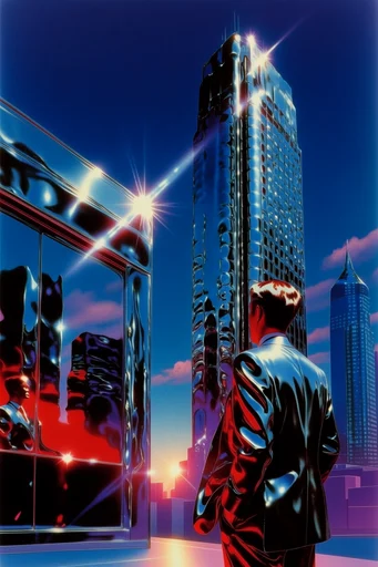 Prismatic Chrome Retro-Futurism style reference image — 1980s airbrush illustration