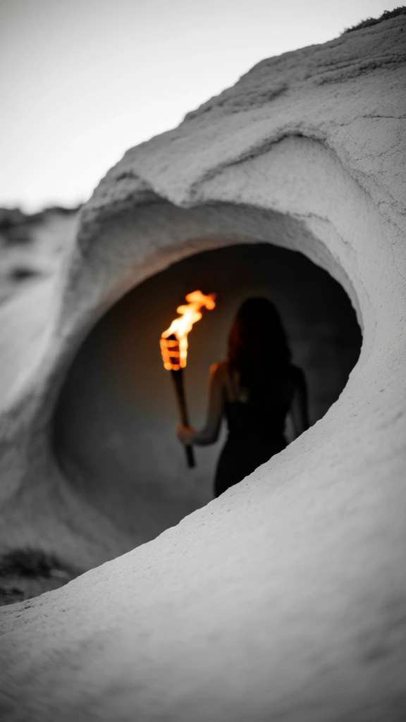 selective color photography, minimalist monochromatic cave entrance, a woman silhouetted walking into darkness, vibrant orange and red torch flame as the only color, dramatic c-shaped composition following a curved rock wall, shallow depth of field with soft bokeh, high contrast black and white background, ethereal glow illuminating the path, moody cinematic atmosphere, sharp focus on the flickering flame against a blurred dark void.