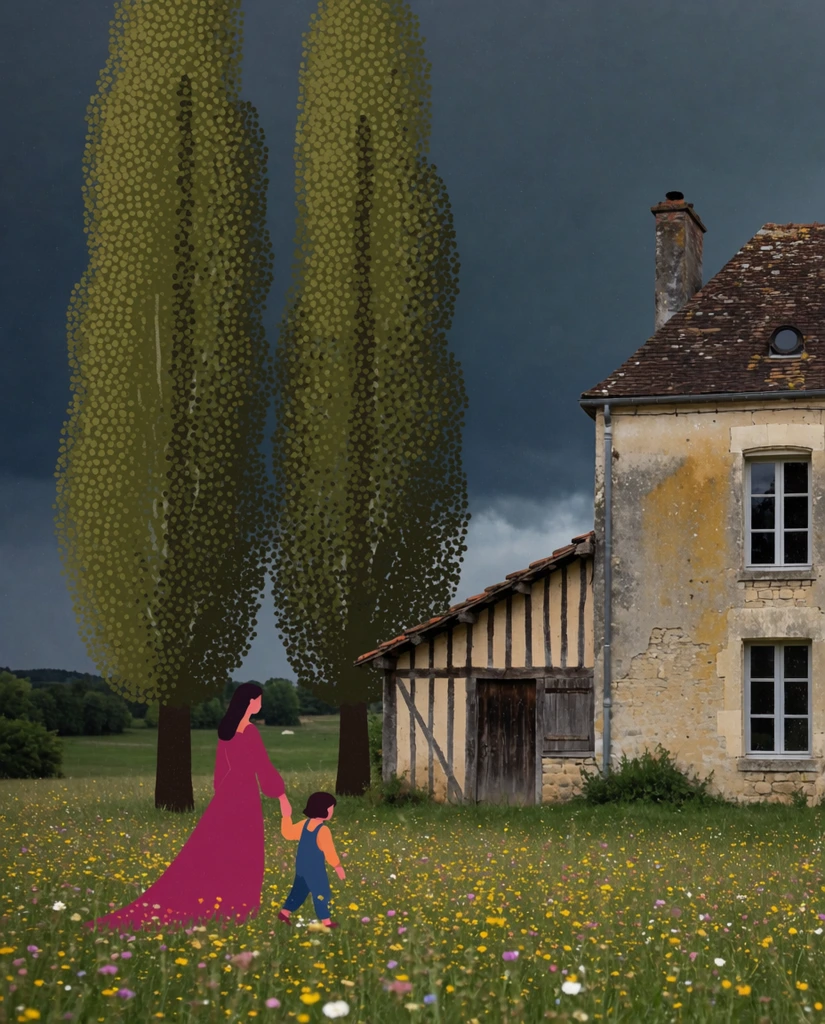 A woman in a flowing magenta gown walks hand-in-hand with a child across a wildflower meadow past two tall, stippled trees. To the right stands a weathered stone building and a rustic half-timbered annex. Rendered as a stylized 2D illustration under a dark stormy sky, the scene blends flat characters with photorealistic architectural textures and moody twilight lighting.
