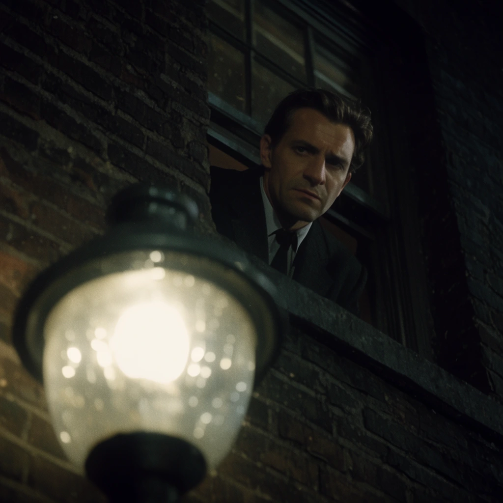 A low-angle cinematic night shot of a serious man peering down from a dark brick building window. A glaring, defocused street lamp dominates the lower left foreground, casting soft glass reflections. Grainy 35mm film texture and high-contrast lighting build a moody neo-noir atmosphere.