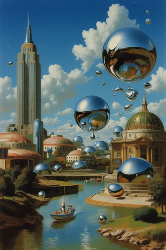 Retro-Futurist Surreal Dreamscapes style reference image — 1970s sci-fi aesthetic