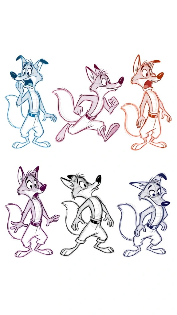 Six rough character sketches of an anthropomorphic fox wearing trousers are presented in different expressive poses across a white background. The character features a long snout, large expressive eyes, pointed ears with one often bent, and a thick, bushy tail. The sketches are arranged in two rows of three. In the top left, a blue sketch shows the character standing with a startled expression, one hand raised toward its open mouth and eyes wide. To its right, a light reddish-purple sketch depicts the character in a dynamic running motion with legs stretched and arms swinging back. On the top right, an orange-red sketch captures the character looking backward with its mouth agape in shock. In the bottom row, the first sketch on the left is in dark purple and shows the character in a slight crouch with hands spread wide in surprise. The bottom center sketch, drawn in black, shows the character leaning forward with legs apart and head turned back. The final sketch on the bottom right is in dark blue, showing the character in a tensed stance with its head turned sharply. Each iteration of the character wears a belt and pants rolled up to the calves. The artistic style is characteristic of traditional 2D animation character sheets, featuring loose, sketchy lines and visible construction circles for the head and torso. The line work varies in color for each pose, set against a plain, featureless background with no shading or color fills.