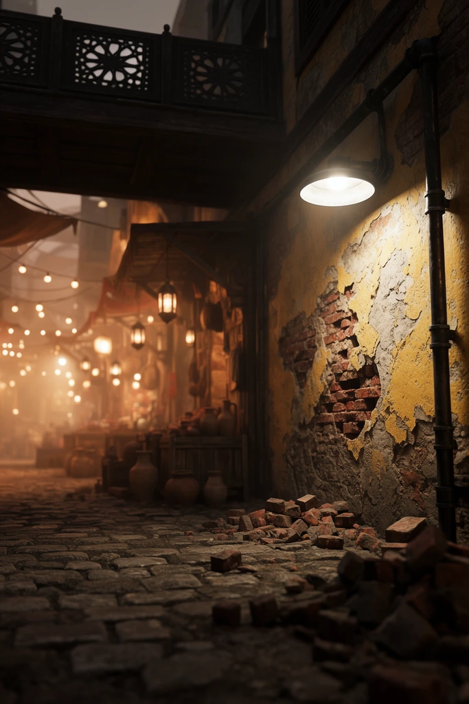 A crumbling stone alleyway transitions into a hazy, lantern-lit marketplace. In the right foreground, peeling yellow plaster exposes broken red bricks on a highly textured wall, illuminated by a stark white industrial lamp on a dark metal pipe. Scattered brick rubble rests on the uneven cobblestones below. Overhead, a dark wooden balcony with geometric star cutouts spans the street. The background reveals a deep, out-of-focus bazaar where string lights and hanging lanterns cast a warm, volumetric amber glow over wooden stalls and earthenware jugs. Shot from a low perspective with a shallow depth of field, the photorealistic rendering emphasizes the gritty decay of the foreground against the cinematic atmospheric warmth of the distant market, contrasting deep shadows with intense localized lighting.
