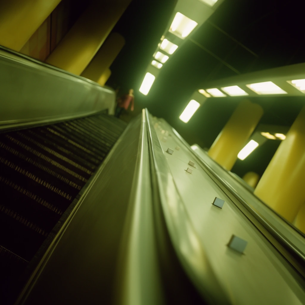 A dramatic, extreme low-angle perspective looking up a steep escalator corridor bathed in a greenish-yellow cinematic glow. A sweeping, smooth handrail partition cuts diagonally across the foreground, punctuated by small silver square nodes. To the left, dark escalator steps with metallic ridges recede upward into shadows. In the distant background, a small blurred figure in a reddish garment descends on a parallel escalator. The environment features thick cylindrical yellow pillars and a dark ceiling illuminated by rows of intense rectangular fluorescent lights at sharp angles. A wide-angle lens creates severe perspective distortion and dramatic converging lines. The greenish-yellow color grade establishes a moody subterranean atmosphere, enhanced by a soft halation around the bright overhead lights.