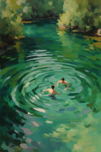 Luminous Impasto Waters style reference image — emerald and viridian palette
