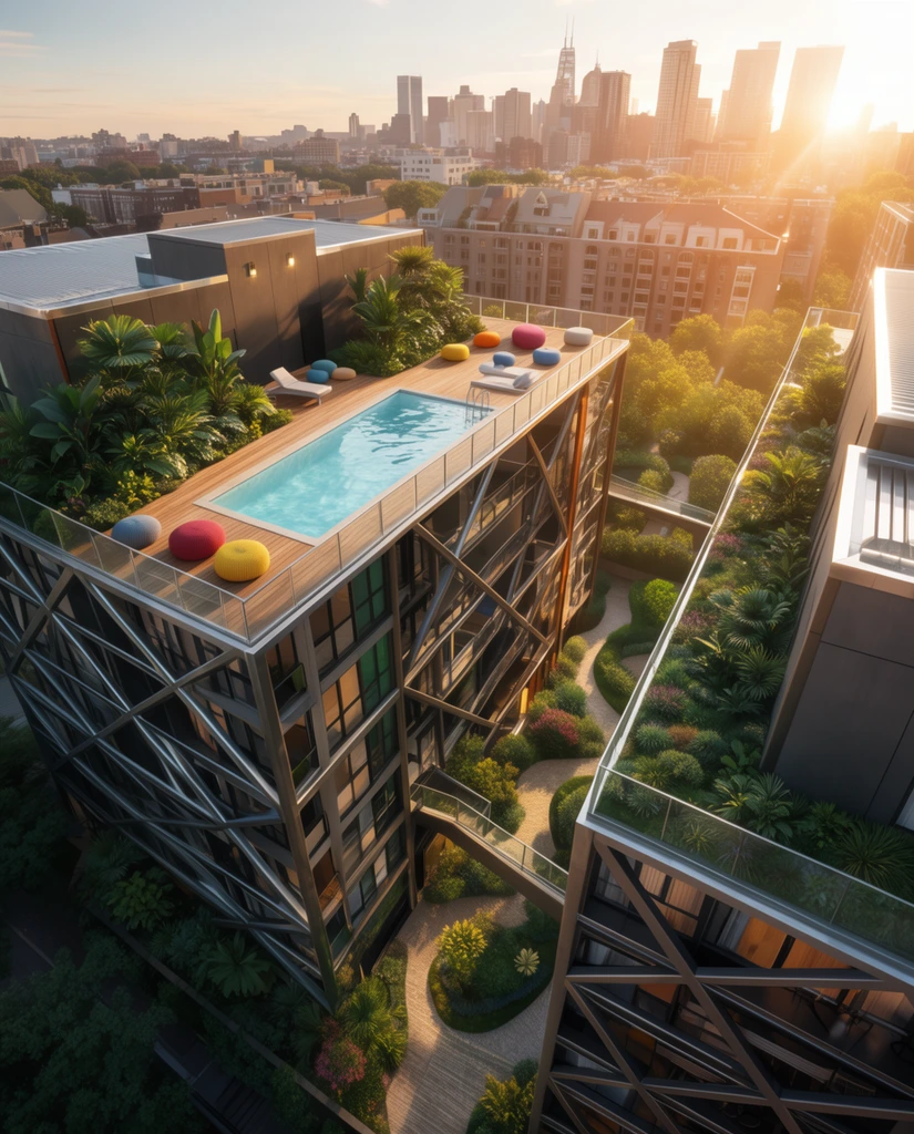 modern urban residential complex with rooftop swimming pool and wooden terrace, high-angle architectural rendering, colorful round poufs, lush rooftop gardens, glass railings, inner courtyard with winding paths, structural steel cross-bracing, distant city skyline under golden hour sunset lighting, warm lens flare, photorealistic