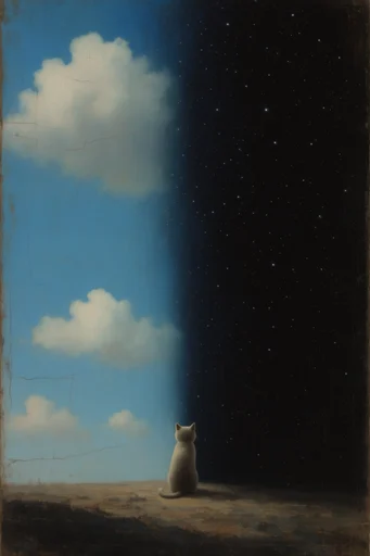 Celestial Surrealist Oil style reference image — cracked canvas texture