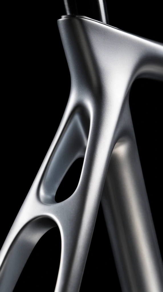 Futuristic bicycle frame junction, matte silver metallic finish, sweeping organic curves, triangular aerodynamic cutout, macro product photography, dramatic lighting, dark background