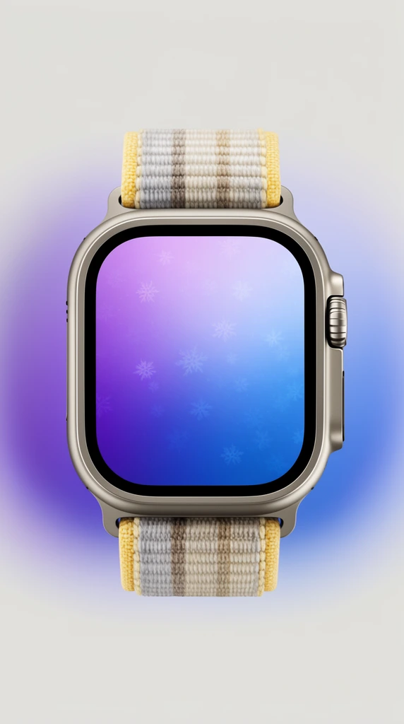 A robust titanium-toned smartwatch with a ridged side crown features a brightly lit screen displaying a smooth purple and blue gradient with faint snowflake icons. It is fitted with a textured woven strap striped in pale grey, beige, and yellow. The device is centered against a minimalist studio background that echoes the display's colors, fading from light grey into a soft purple-blue aura. Clean, frontal product photography.
