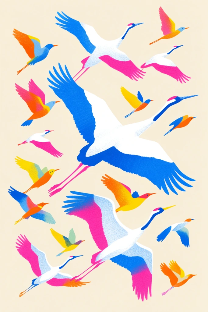 A stylized illustration of a flock of birds in mid-flight across a solid cream background. White cranes and smaller birds feature vibrant wings and tails in electric blue, hot pink, bright yellow, and orange. The flat composition utilizes a grainy, stippled texture resembling colorful risograph printing.