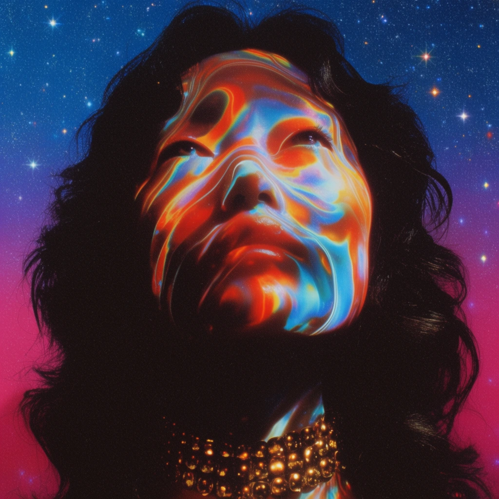 close-up portrait of a figure looking slightly upward, face enveloped in swirling iridescent liquid light patterns, vivid thermographic streaks of fiery orange, glowing cyan, and deep red, heavy shadows contrasting with luminous skin, thick dark wavy hair framing the face, gold studded choker necklace reflecting warm light, background gradient transitioning from a deep blue starry space to a vibrant magenta horizon, scattered sparkling stars with cross-flares, heavy vintage film grain texture, retro-futuristic surrealism, dramatic high-contrast lighting