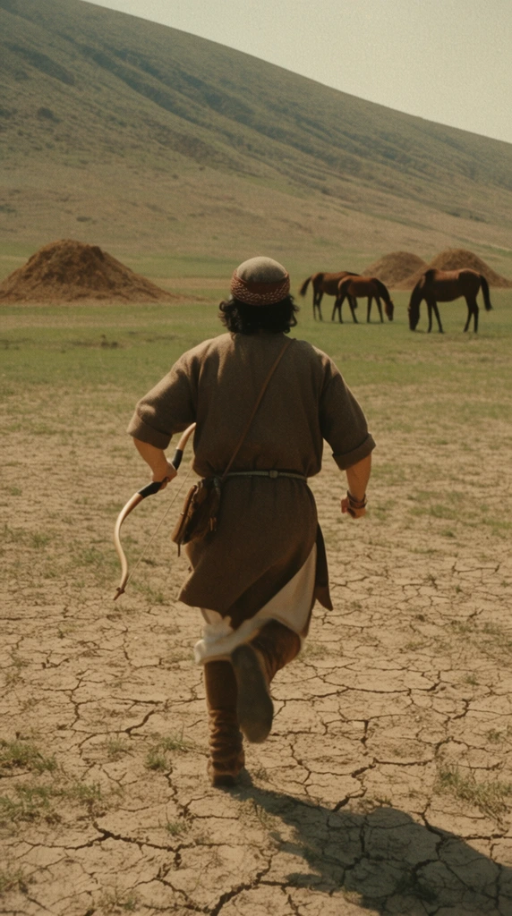 Archer running away carrying a bow, cracked dry earth, sparse green grass, grazing horses near distant dirt mounds, large sloping hill, vintage film grain, cinematic wide shot, earthy tones