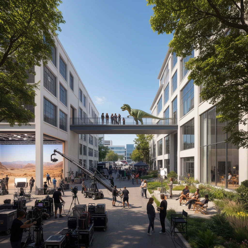 A bustling modern film studio lot operates between contemporary multi-story white buildings connected by an elevated pedestrian walkway. Bright natural sunlight illuminates the paved street level where crew members maneuver heavy camera cranes, lighting rigs, and production equipment. The left building features a large open ground-floor bay revealing a simulated desert landscape backdrop. The right building displays expansive glass windows and a landscaped patio with people relaxing in folding chairs. High above on the connecting sky bridge stands a large green dinosaur statue next to a group of standing observers. Lush green tree canopies frame the foreground edges, emphasizing a wide-angle perspective that leads down the central plaza toward distant modern structures under a clear blue sky. The photorealistic architectural rendering utilizes crisp cast shadows, high-fidelity textures, and a vibrant daytime color palette.