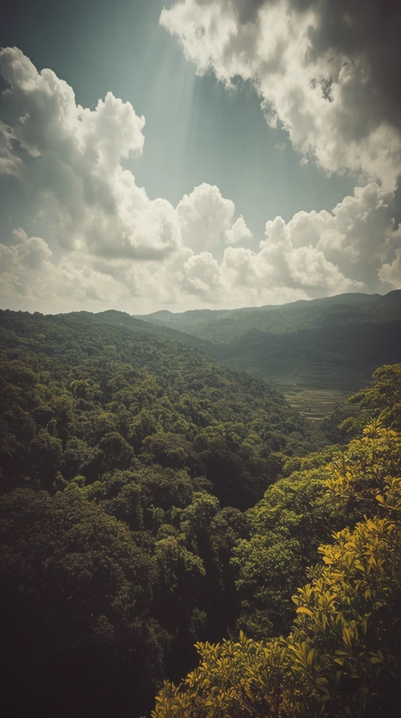 vast rolling hills covered in dense green forest, dramatic sky filled with large fluffy cumulus clouds, sunlight breaking through clouds, wide-angle landscape photography, distant terraced fields in a deep valley, yellow-green foliage framing the bottom right corner, shadowed tree canopies, muted vintage color grading, high contrast lighting, subtle dark vignette, expansive and atmospheric natural scenery