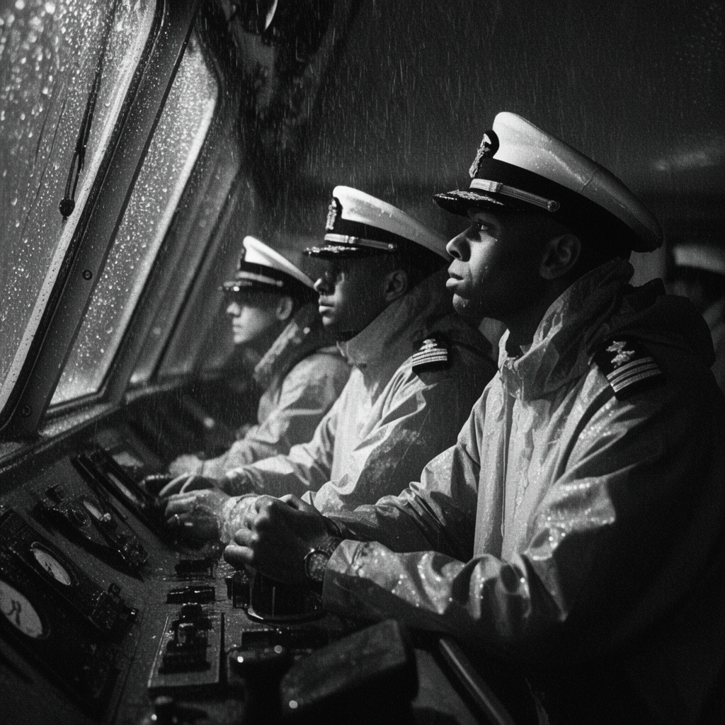 naval officers on a ship bridge during a heavy night rainstorm, wearing wet slickers and peaked caps, leaning on a rain-streaked glass windshield, cinematic black and white photography, dramatic high contrast lighting, deep shadows, heavy film grain