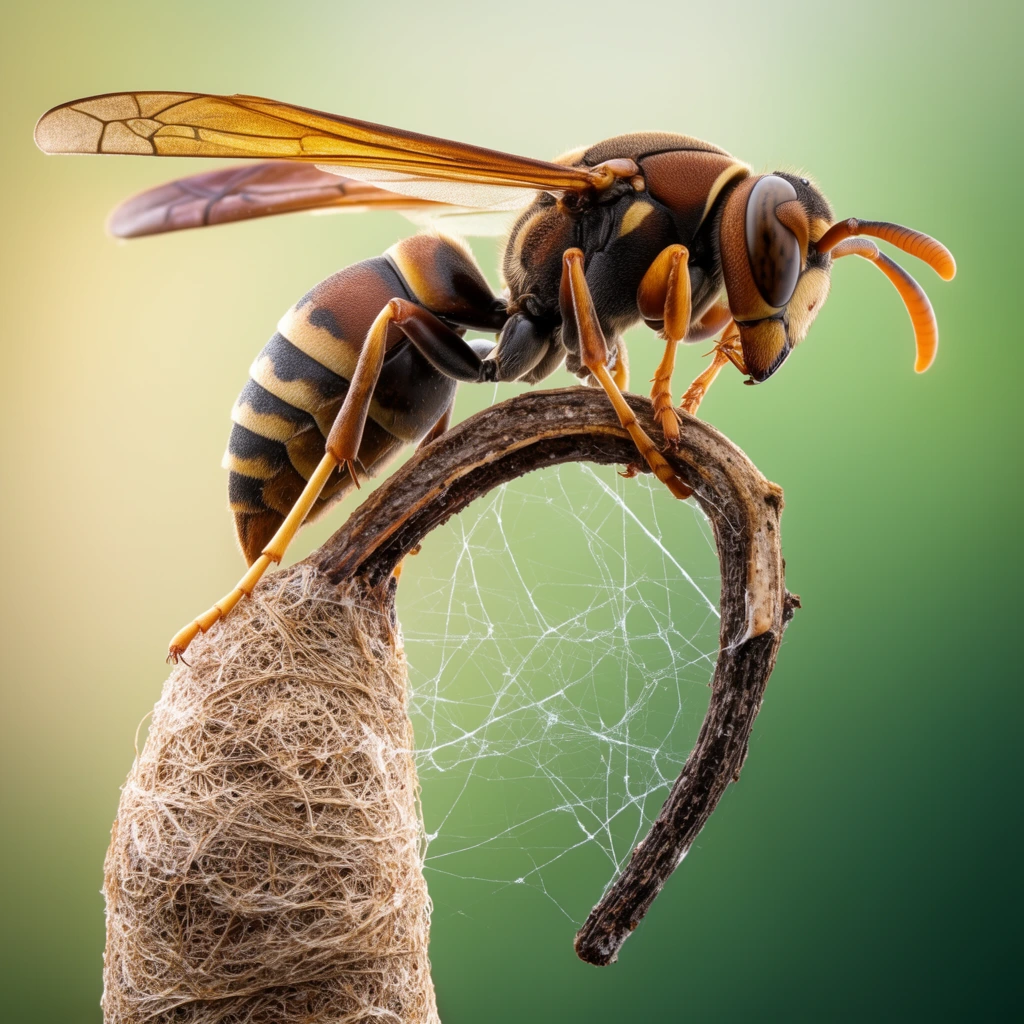 macro photograph of a banded brown and black wasp, translucent amber wings, gripping a curved dry twig, intricately textured fibrous cocoon attached below, delicate white spider silk spanning the inner curve, smooth gradient background from pale yellow-green to deep green, extreme close-up, sharp focus stacking, crisp anatomical detail, rim lighting