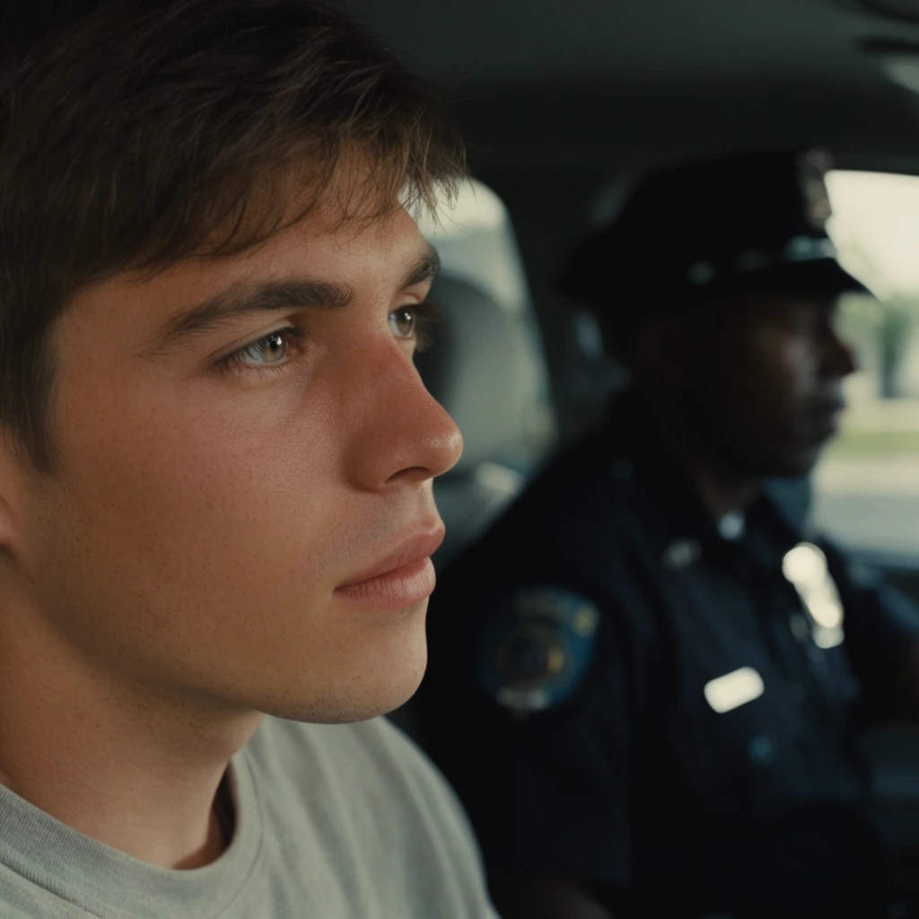 cinematic close-up of a young man with short brown hair looking right, softly illuminated face, sitting inside a vehicle, blurred background reveals a shadowed police officer in dark uniform driving, shallow depth of field, daylight, widescreen aspect ratio