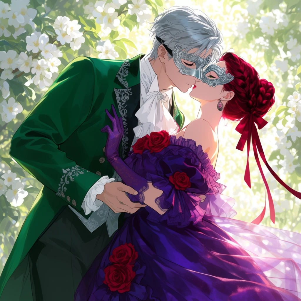 Romantic embrace of a masquerade couple bathed in dappled sunlight, silver-haired man in an emerald green tailcoat and silver filigree mask leaning in to kiss a woman, deep violet ruffled gown with crimson roses, crimson braided updo, cascading ribbons, bright white blooming foliage background, anime illustration style, dramatic backlighting illuminating the sheer fabric, soft vibrant shading, low angle perspective