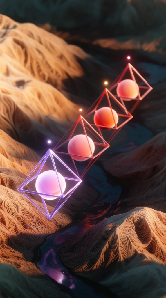 four floating wireframe octahedrons with glowing inner spheres arranged diagonally over a surreal landscape, front structure glowing purple-pink, trailing three structures transitioning to reddish-orange, tiny light orbs above each shape, undulating terrain resembling intricately eroded organic fibers, winding dark reflective riverbed, warm directional sunlight, deep shadows, 3D digital render, shallow depth of field, macro aesthetic